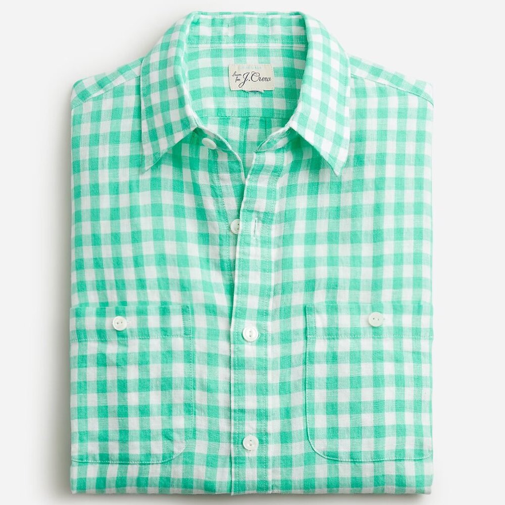 NWT J Crew 100% Linen Baird McNutt Green Plaid Two Pocket Workshirt Classic Fit